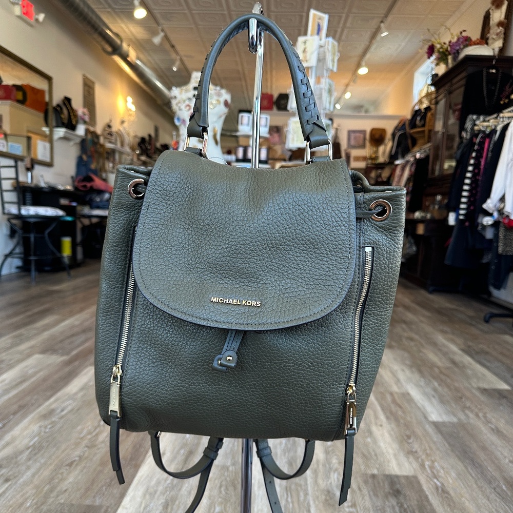 Michael Kors Viv Large Leather Backpack in an olive green pebbled leather
